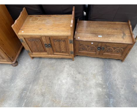 AN OAK LINENFOLD T.V STAND AND SIMILAR ITEM 
