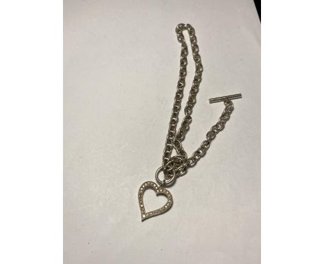 A SILVER T-BAR NECK CHAIN WITH DIAMANTE HEART CHARM 