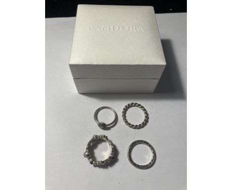 FOUR PANDORA SILVER RINGS MARKED 925 WITH ONE PRESENTATION BOX 