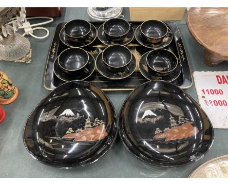 SIX VINTAGE HARD PLASTIC ORIENTAL STYLE CUPS AND SAUCERS, TWO SERVING DISHES PLUS A TRAY 