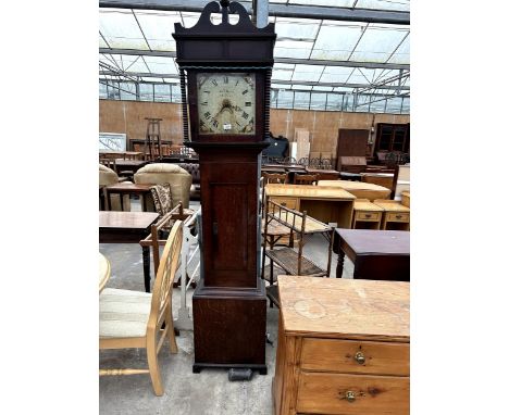 AN OAK THIRTY HOUR LONGCASE CLOCK WITH SQUARE ENAMEL DIAL, JOHN BROWN 