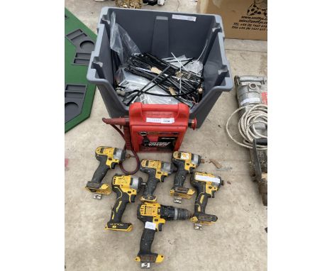 AN ASSORTMENT OF DEWALT BATTERY TOOLS, A POWER PACK AND CABLE TIES ETC 