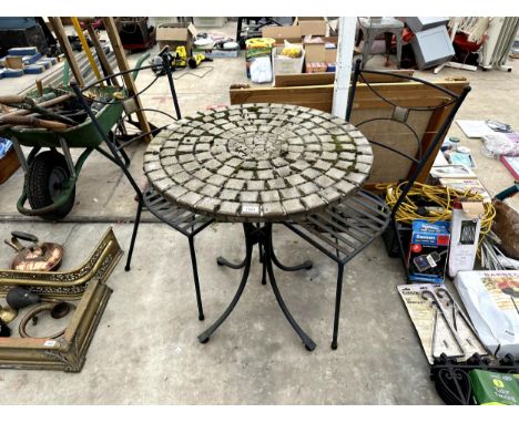 A BISTRO SET COMPRISING OF A ROUND TILE TOP TABLE AND TWO METAL CHAIRS 