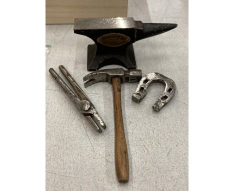 A MINIATURE BLACKSMITH'S, SALESMAN'S SAMPLE TOOL SET TO INCLUDE A CAST ANVIL WITH THE MAKERS NAME, JOSEPH WEBB &amp; SONS, BU