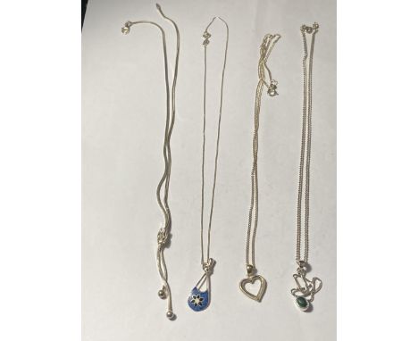 FOUR ASSORTED SILVER NECKLACES WITH PENDANTS 