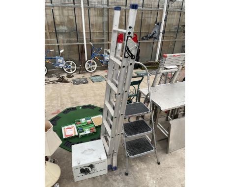 AN ABRU THREE RUNG STEP LADDER AND THREE WAY FOLDING LADDER 