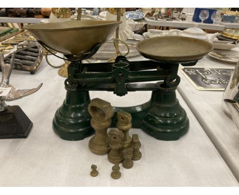 A SET OF SMALL VINTAGE LIBRASCO SCALES WITH BRASS PANS AND WEIGHTS 