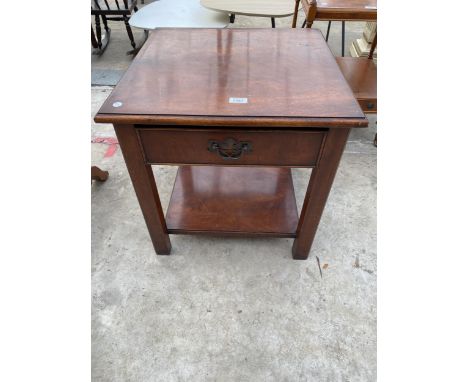 A MODERN MAHOGANY TWO TIER LAMP TABLE, 22" SQUARE WITH SINGLE DRAWER 