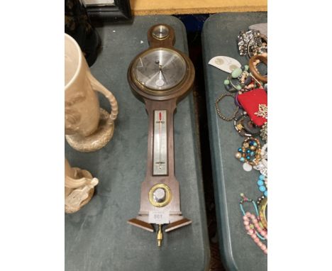 A WOODEN CASED BAROMETER WITH THERMOMETER 