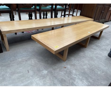 A SET OF TWO TIER OAK STORAGE SHELVES, THE LOWER SHELF BEING 87 X 18", THE OTHER 65 X 18" 