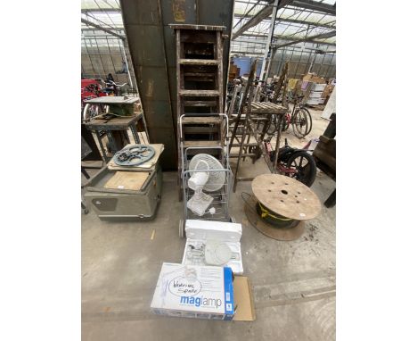 AN ASSORTMENT OF ITEMS TO INCLUDE TWO VINTAGE WOODEN STEP LADDERS AND TWO SHOPPING TROLLIES ETC 