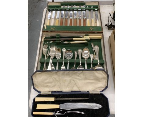 AN ART DECO OAK CASED CANTEEN OF CUTFLERY PLUS A VINTAGE CASED CARVING SET 