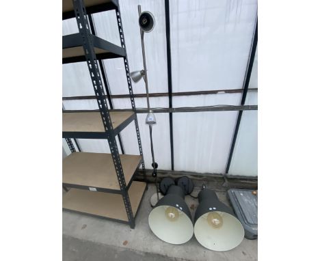 A STANDARD LAMP AND A PAIR OF INDUSTRIAL STYLE LIGHT FITTINGS 