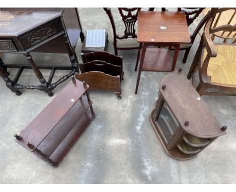 A MAGAZINE RACK, OCCASIONAL TABLE, THREE TIER WALL SHELF AND WALL CABINET WITH GLASS DOOR 