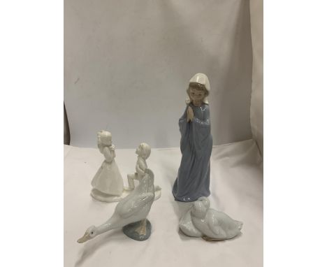 A GROUP OF FOUR FIGURES - NAO LLADRO GIRL AND GEESE AND A ROYAL DOULTON IMAGES FIGURE 