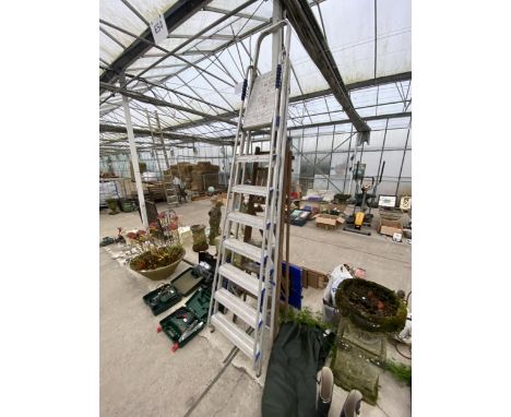 A SEVEN RUNG ALUMINIUM STEP LADDER AND A VINTAGE FOUR RUNG WOODEN LADDER 