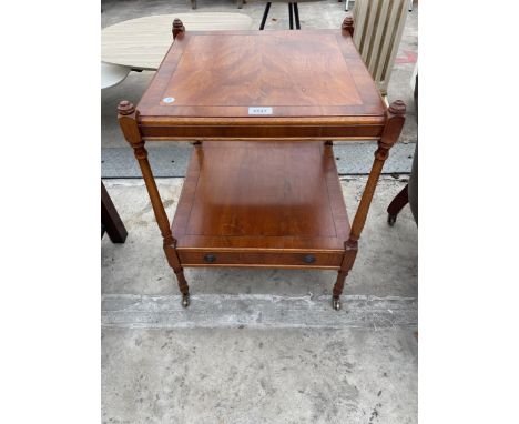 A MODERN YEW WOOD AND CROSSBANDED TWO TIER LAMP TABLE, 18" SQUARE, WITH SINGLE DRAWER 