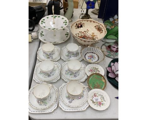 A QUANTITY OF VINTAGE CHINA CUPS AND SAUCERS WITH THE IMAGE OF A LADY IN A GARDEN, A COLCLOUGH CAKE STAND, LARGE MASON'S 'HAR