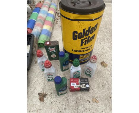 TWO VINTAGE OIL CANS AND AN ASSORTMENT OF LUBRICANTS 