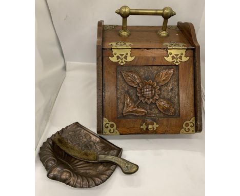A VINTAGE OAK COAL BOX WITH BRASS FITTINGS AND HANDLE WITH CARVED FLORAL DESIGN, WITH ORIGINAL LINER, TOGETHER WITH ART NOUVE