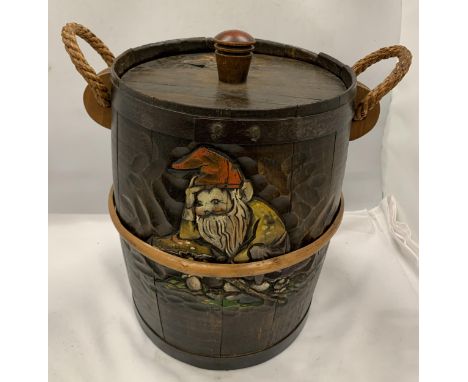 A VINTAGE WOODEN BARREL WITH LEPRACHAUN DESIGN, WELL MADE, SAID TO BE MADE WHEN IN A CELLAR IN WWII 
