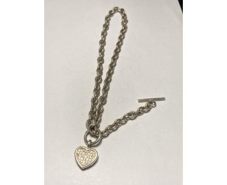 A 16" SILVER T-BAR NECK CHAIN WITH HEART PENDANT 