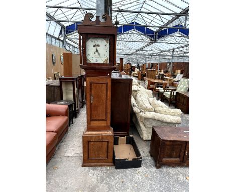 AN OAK AND CROSSBANDED THIRTY-HOUR LONGCASE CLOCK WITH SQUARE ENAMEL DIAL, SPURRIER, TEWSBURY 