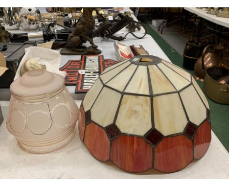 A TIFFANY STYLE LAMPSHADE AND A VINTAGE PINK GLASS SHADE 