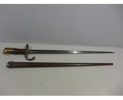 A FRENCH GRAS BAYONET AND SCABBARD DATED 1880, 52CM BLADE, LENGTH 66CM 