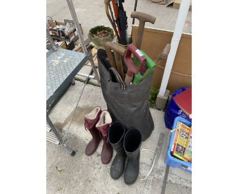 AN ASSORTMENT OF GARDEN TOOLS AND TWO PAIRS OF WELLIES 