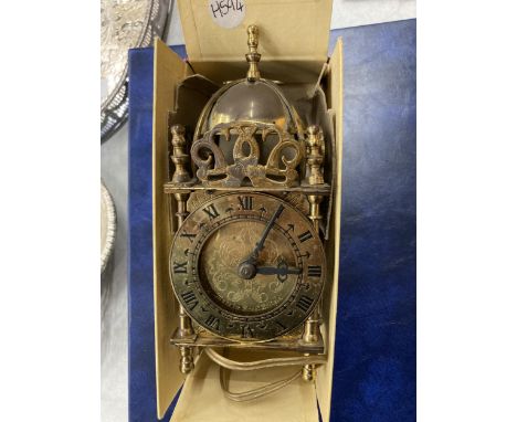 A VINTAGE SMITHS BRASS LANTERN CLOCK, IN BOX WITH LEAFLETS 