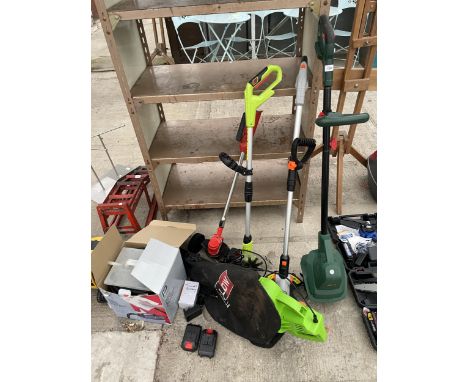 AN ASSORTMENT OF GARDEN TOOLS TO INCLUDE AN ELECTRIC TILLER, A LEAF BLOWER AND STRIMMER ETC 