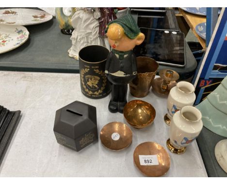 A BLACK WEDGWOOD ROYAL COMMEMORATIVE MUG AND MONEY BOX, AVON ANDY CAPP BOTTLE, COPPER BEAKER, CANDLESTICK, SMALL BOWLS PLUS C