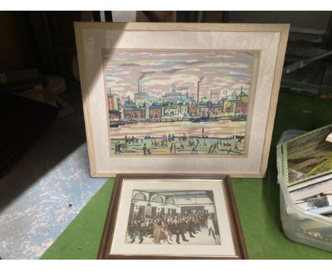 A LOWRY STYLE TAPESTRY FRAMED PICTURE AND FURTHER PRINT 
