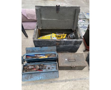 THREE VARIOUS TOOL BOXES CONTAINING AN ASSORTMENT OF TOOLS TO INCLUDE CHISELS AND PLIERS ETC 