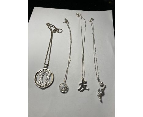 FOUR ASSORTED SILVER NECKLACES WITH PENDANTS 