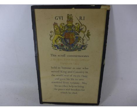 A WORLD WAR II FRAMED MEMORIAL COMMEMORATIVE SCROLL AWARDED TO RADIO OFFICER J.BIGGINS MERCHANT NAVY, 33 X 22CM 