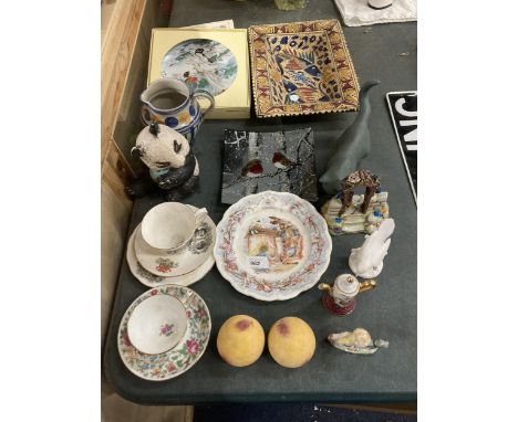 A QUANTITY OF CERAMIC ITEMS TO INCLUDE A WADE MABEL LUCIE ATWELL FIGURE, A BRAMBLY HEDGE 'WINTER' PLATE, CUPS AND SAUCERS, PA