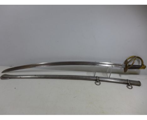 A BRASS HILTED SWORD AND SCABBARD, 85CM BLADE, LENGTH 107CM 