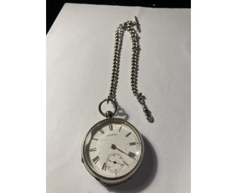 A HALLMARKED BIRMINGHAM SILVER POCKET WATCH AND ALBERT CHAIN 