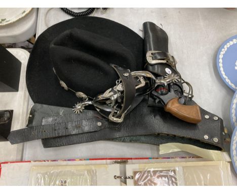 A VINTAGE, MADE IN THE USA, LEATHER HOLSTER WITH REPLICA GUN AND SPURS PLUS A HAT FROM THE RANCH HOUSE, BIRMINGHAM 