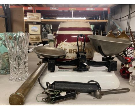 A SET OF VINTAGE AVERY SCALES, A BULL'S HEAD TIN OPENER AND A CERAMIC BRANDY BARREL 