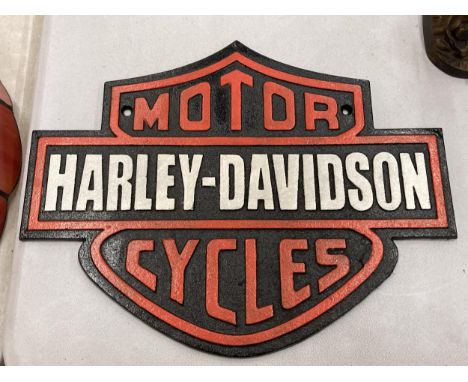 A LARGE CAST HARLEY DAVIDSON ADVERTISING SIGN, 34CM X 26CM 