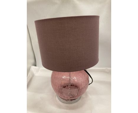 A CRACKLE GLASS LAMP IN PURPLE WITH SHADE 