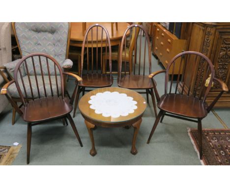 A pair of Ercol dining chairs, a pair of Ercol armchairs and an occasional table (5) Condition Report: Available upon request