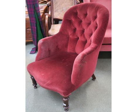 A Victorian walnut burgundy upholstered button back armchair Condition Report: Available upon request