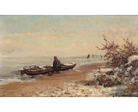 Henri van Seben (Belgian 1825-1930) The boat anchored on the ice Signed and dated 77 Oil on panel 16.5 x 26cm; 6½ x 10¼in Pro
