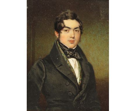 λ English School 19th Century Portrait miniature of a gentleman, half length wearing black Rectangular in a wood frame 95 x 7