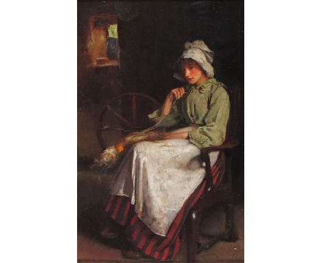 Carlton Alfred Smith (1853-1946) A seated girl spinning Signed and dated 96 Oil on panel 31 x 20cm; 12 x 8in ++Frame abrasion