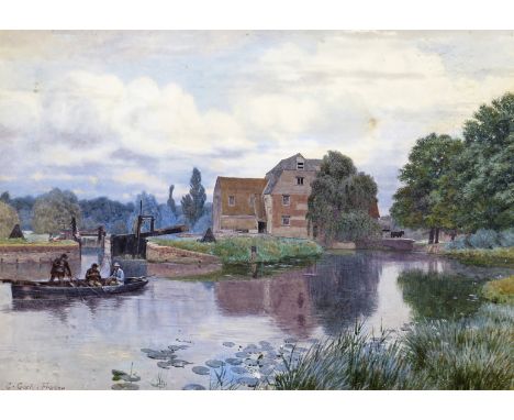 George Gordon Fraser (1854-1895) Fishermen by a mill Signed Watercolour 26.5 x 38cm; 10½ x 15in  ++A large fox mark and a lit